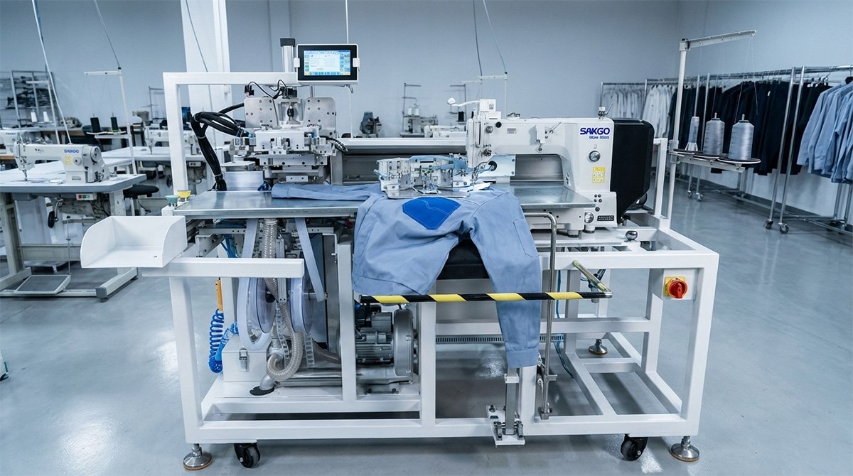 Pocket setter machine used for accurate pocket sewing in garment production